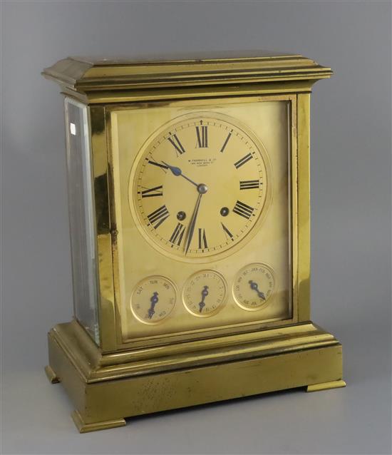 W. Thornhill & Co. A late Victorian gilt brass four glass calendar mantel clock, width 13in. depth 8.5in. height 16in.